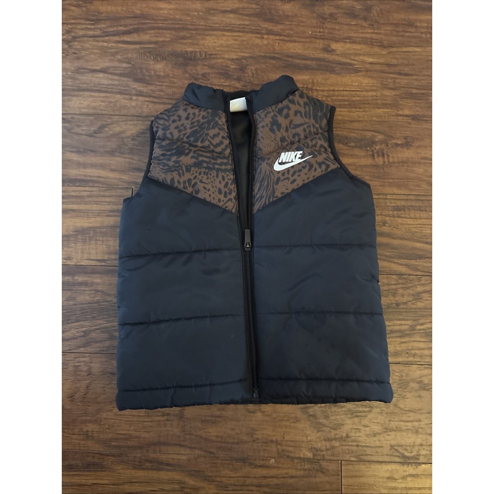 NIKE Puffer Full Zip Vest Black Size 6 Girls Youth Animal Print Athletic